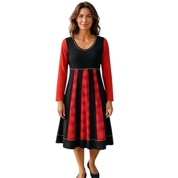 🇨🇦 Adria Mode Bohemian Black Multicolour Long Sleeve Aline Short Dress Large - Picture 10 of 10